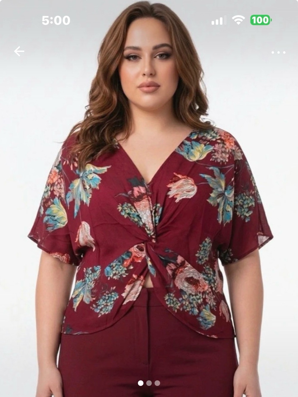 Umgee Plus Size Floral Twist-Front V-Neck Top in Burgundy